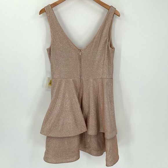 Pear Culture Sleeveless Fit & Flare Metallic Tiered Mini Dress Champagne Size 15 - Picture 2 of 5